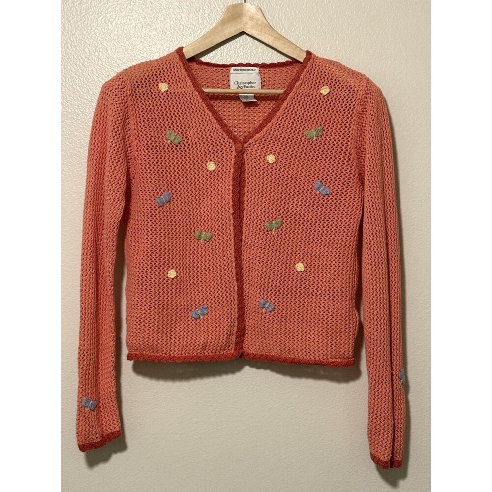 Christopher & Banks VTG Cardigan Sweater Womens Large Orange Hand Embroidered